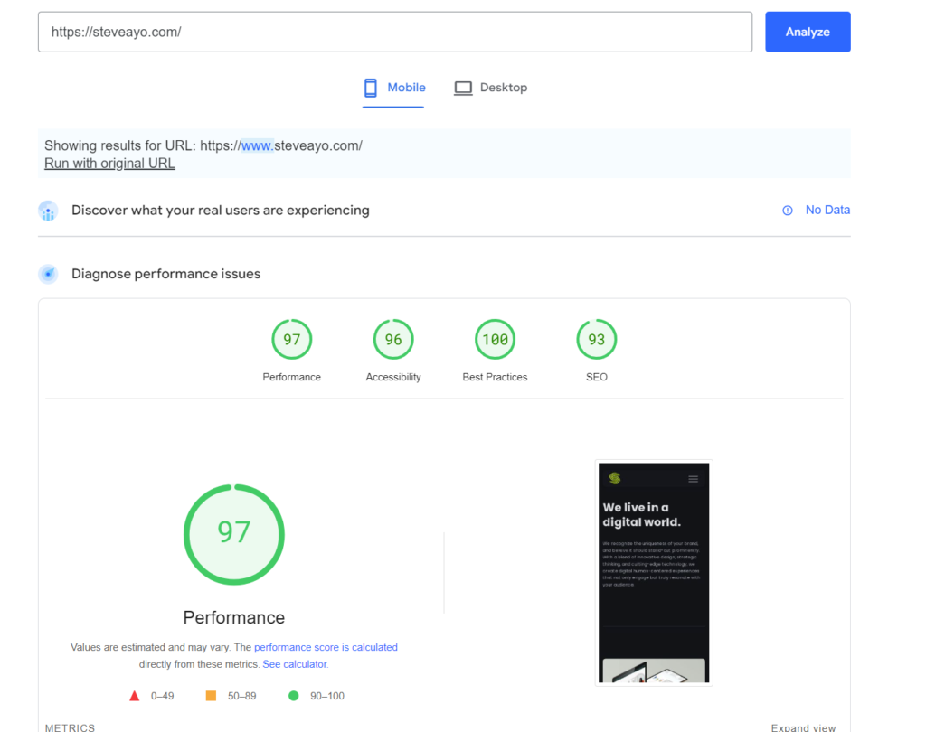 PageSpeed Insights report example