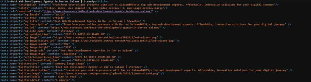 Screenshot of the source code view for the meta tags for On-Page SEO