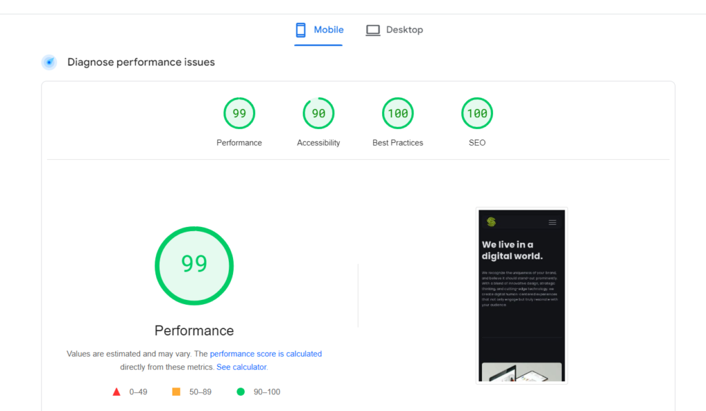 Screenshot of Page speed insight measuring 99 for steveayo as a good loading speed for a website and good On-Page SEO